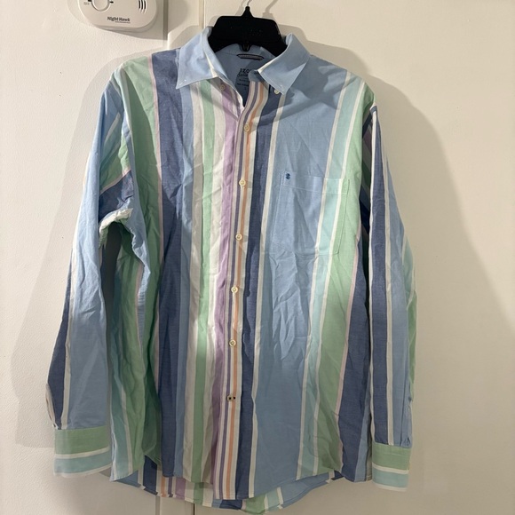 IZOD Saltwater Mens Sz L Button Up Multicolor Stripe Pastel Relaxed Preppy - Picture 1 of 12